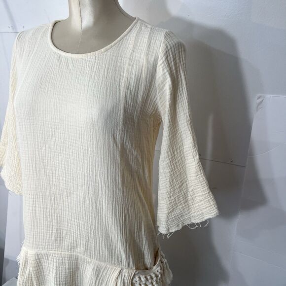 Bird & Knoll Tunic Mini Dress Beige Gauze Crinkle Cotton Lagenlook s/m - Picture 6 of 16